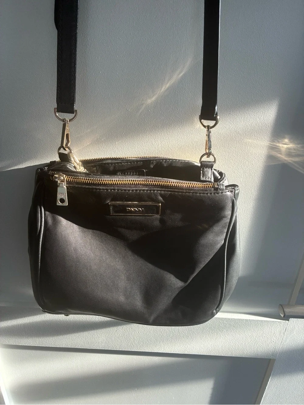 DKNY Black Leather Crossbody with Gold-Tone Trim